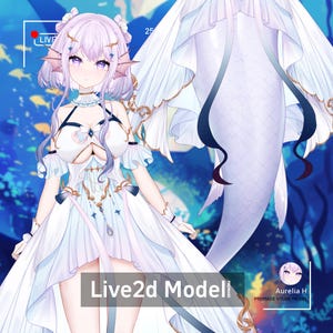 Può includere: Illustrazione digitale di un personaggio simile a una sirena con capelli lavanda e occhi viola. Indossa un abito bianco con dettagli dorati e una coda da sirena. L'immagine include il testo "Live2d Model".