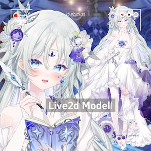 Puede incluir: Ilustración digital de un personaje con pelo largo blanco, ojos azules y un vestido blanco. El personaje sostiene un libro y una pluma. La imagen tiene el texto "Live2d Model" y "Moon Light PREMADE VTUBE MODEL".