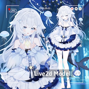 Puede incluir: Ilustración digital de un modelo Live2d llamado Perla. El personaje tiene pelo largo blanco, ojos azules y viste un vestido blanco y azul. La imagen incluye medusas y una cola de tiburón. El texto en la imagen dice "Live2d Model" y "Perla PREMADE VTUBE MODEL".