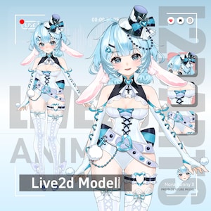 May include: A digital illustration of a blue-haired anime character wearing a white and blue outfit with bunny ears. The character is wearing a white dress with a blue ribbon and a blue and white hat. The character is holding a white cross in their right hand. The text "Live2d Model" is at the bottom of the image.