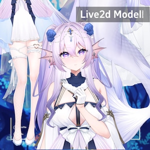 May include: A digital illustration of a character with long lavender hair, blue rose accents, and a white dress with a bow. The image has the text "Live2d Model" in the upper right corner. The character has purple eyes and is wearing white gloves.