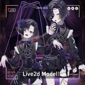 Könnte beinhalten: Zwei Anime-Charaktere in schwarzen Outfits mit Rosenakzenten und Marionettenfäden. Das Bild enthält den Text "Live2d Model" und "Violeth Puppet". Der Hintergrund ist dunkelviolett mit einer "LIVE"-Anzeige.