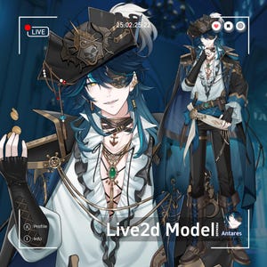 以下が含まれることがあります： 海賊風の衣装を着たキャラクターのLive2Dモデルのデジタルイラスト。キャラクターはドクロのエンブレムが付いた黒い三角帽子、白いフリルのシャツ、青と黒のコート、金色のアクセントが付いたダークカラーのズボンを着用しています。