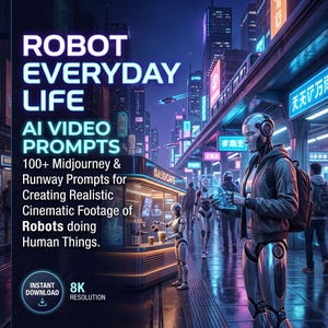May include: A futuristic digital art piece featuring robots in a city setting. The image includes text that reads "ROBOT EVERYDAY LIFE AI VIDEO PROMPTS" and "100+ Midjourney & Runway Prompts for Creating Realistic Cinematic Footage of Robots doing Human Things."