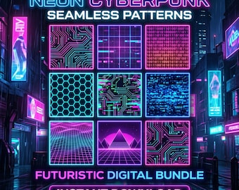Neon Cyberpunk Seamless Pattern Bundle Futuristic Glitch Digital Paper Gaming Tech Abstract Backgrounds Vaporwave Design Instant Download