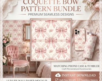 Coquette Bow Seamless Pattern Bundle, Pink Digital Paper, Ribbon Pattern, Cute Wallpaper, Phone Case Mug Fabric PNG