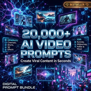 May include: A digital product bundle titled 20,000+ AI VIDEO PROMPTS featuring a neon blue network background, multiple rectangular frames displaying various AI-generated images, and text indicating compatibility with Runway, Midjourney, and Kaiber.