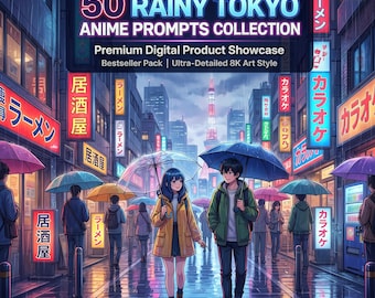 50 Rainy Tokyo Anime AI Prompts Neon Streets, Anime Characters, Atmospheric Japan Scenes, Cinematic  Art Pack