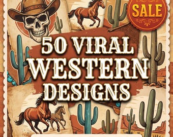 Lot de 50 modèles de t-shirt vintage western cowboy, rodéo rétro, t-shirt graphique PNG à usage commercial, téléchargement immédiat, pack POD