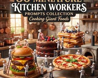 50 Miniature Kitchen Workers AI Prompts  Tiny Chefs Cooking Giant Food, Hyper Realistic Mini Workers, Viral AI Art Pack