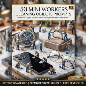 May include: A digital product cover titled 50 MINI WORKERS CLEANING OBJECTS PROMPTS featuring miniature figures in blue overalls and yellow hard hats cleaning a wristwatch, a diamond ring, a smartphone, and eyeglasses on a marble surface.