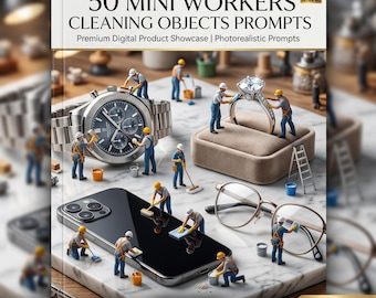 50 Mini Workers Cleaning Objects AI Prompts  Tiny Workers Cleaning Everyday Items, Hyper Realistic Macro Scenes Pack