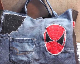 Upcycled Denim Spider-Man Tote Bag: Handmade with Love (18x14x6 in