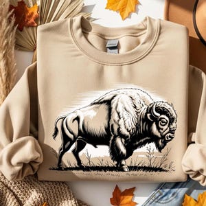 Buffalo Crewneck Sweatshirt – Vintage Bison Graphic Pullover, Western Ranch Cowboy Sweater, Rustic Wildlife Nature Gift for Men Women