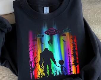 Bigfoot and Alien Sweatshirt - UFO and Sasquatch Shirt - Retro Bigfoot Gift - Mystical Forest Sweatshirt - Funny Bigfoot Apparel