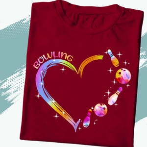 Bowling Heart Shirt for Women Men – Cute Colorful Bowling Tee with Pins and Ball, Rainbow Heart Bowling T-Shirt, Gift for Bowlers