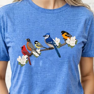 Birds on a Branch Shirt – Colorful Bird T-shirt, Birdwatching Gift, Nature Lover Tee, Spring Birds Shirt, Bird Lover Apparel