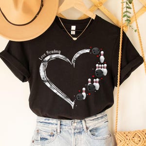 Love Bowling T-Shirt for Women - Heart-Shaped Bowling Ball and Pins Design - Fun and Stylish Bowling Gift