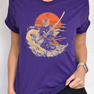 サムライ猫シャツ - 刀と夕日を描いた日本の戦士猫Tシャツ - 面白いアニメ猫Tシャツ - 忍者猫のグラフィックが描かれた彼または彼女へのギフト
