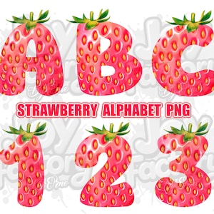 Alfabeto e numeri di fragole 3D PNG, file fragola, alfabeto dolce di bacche, font di design di lettere, sublimazione, download PNG