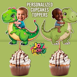Personalized Face Dino Cupcake Topper, Dinosaur Clipart, Dinosaur png, Dinosaur Topper Birthday Party, Sublimation, PNG download.