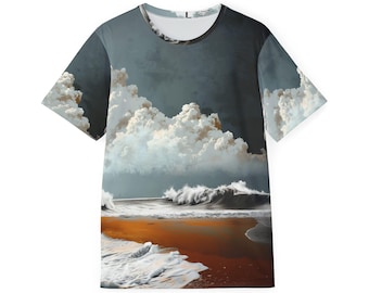 Sportjersey-T-shirt voor heren, oceaanstrandthema, stormachtige majestueuze wolken, hip modieus ademend T-shirt, humeurige, kunstzinnige top