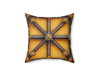 Geel modern industrieel kunstzinnig kussen, vierkant kussen gesponnen polyester, staal- en houtprint plafondstijl, interieuraccent, uniek plaid