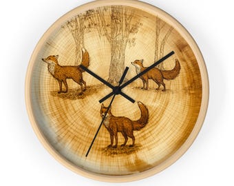 Fox Woodland Wandklok Rustiek Boomring Bos Dier Uurwerk Cabine Decor Natuur Wildlife Illustratie Fox Art Natuurlijk ontwerp houten schijf