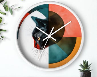 Black Cat-wandklok, perfect cadeau voor liefhebbers van katten en katten, uniek interieur, kattenliefhebber kunst aan de muur, kleurrijk kubisme ontwerp