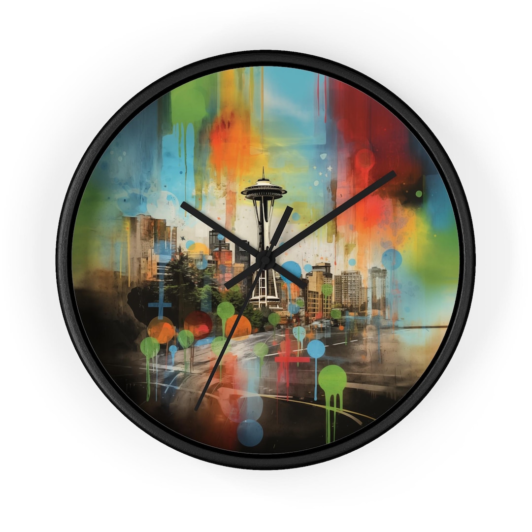Seattle Watercolor Style Wall Clock, Colorful Arsty Pacific Northwest ...