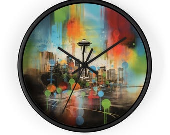 Wandklok in aquarelstijl, Seattle, kleurrijk Arsty Pacific Northwest PNW Artsy Skyline-uurwerk