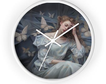 Renaissance vrouw wandklok, romantisch inspirerende artistieke witte vlinders schilderij klok, kunstzinnig creatief interieur, uniek kamerdecor,