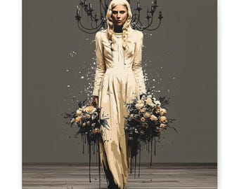Lady Gaga, gotische muurkunst canvasafdruk donker modeportret geïnspireerd popcultuur, dramatisch bruids esthetiek hedendaags statement decor