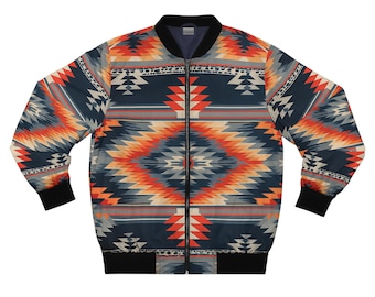 Southwestern Geometric Bomber Jacket for Men Tribal Aztec Print Zip Up Statement Streetwear Western Pattern Coat Artistic Festival Outerwear