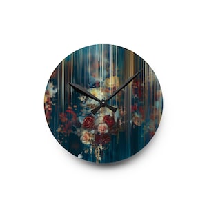 May include: A round clock with a blue, gold, and red floral design. The clock face is obscured by the floral design.