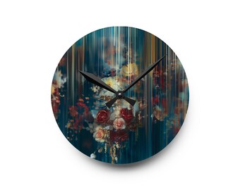 Bloemen acryl wandklok, botanische abstracte druppelstijl schilderij, moderne kunst en design, creatieve kunstzinnige klok, uniek humeurig decor
