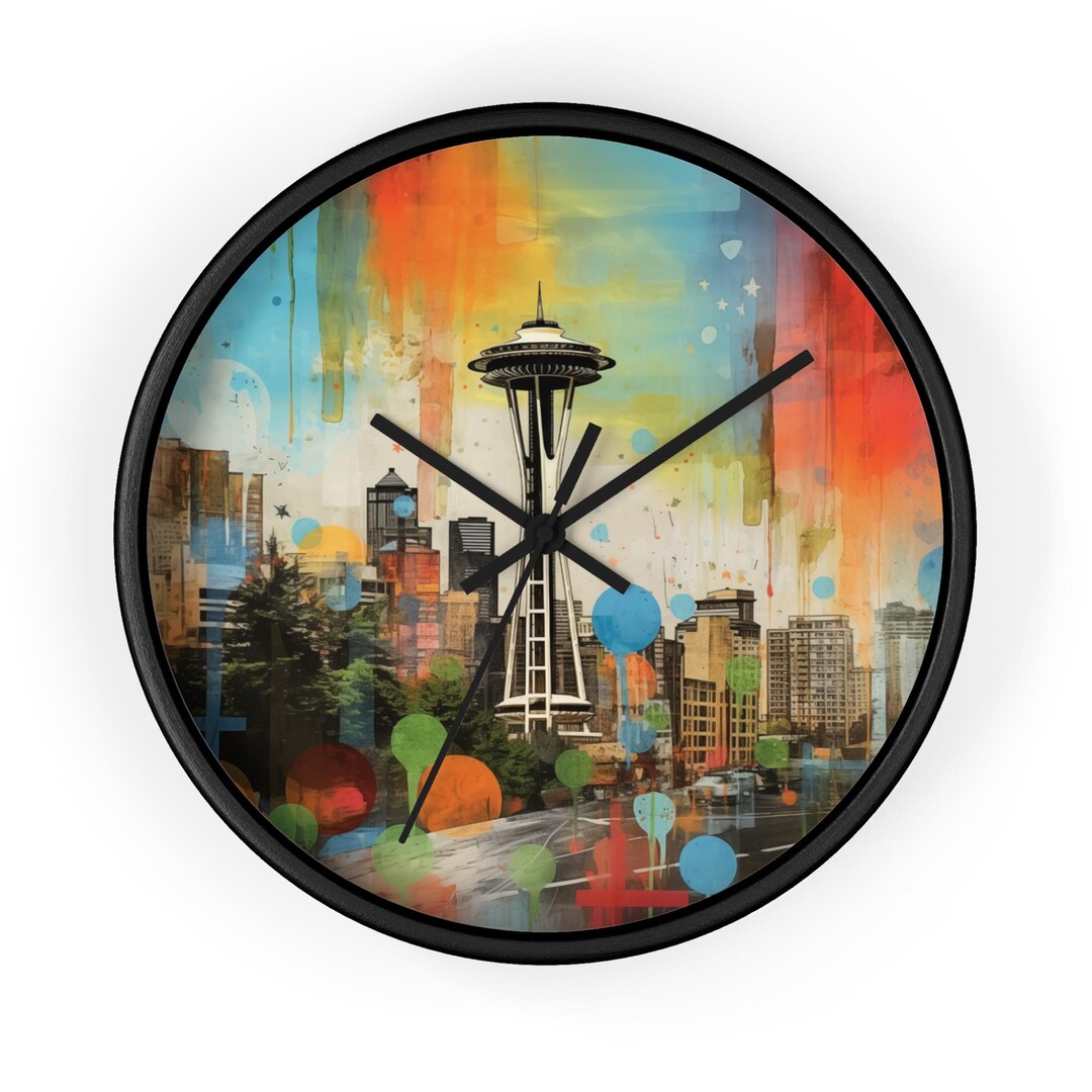 Seattle Watercolor Style Wall Clock, Colorful Arsty Pacific Northwest ...