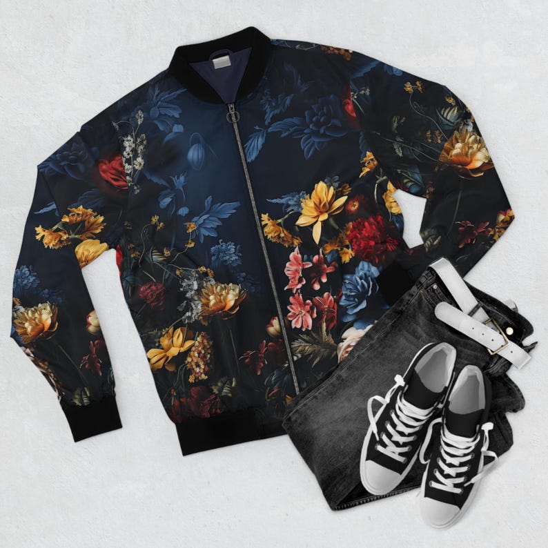 Men's Bomber Jacket, Floral Wallpaper Print Hipster Fashionable Outerwear, Zipper Pockets Elastic Cuffs, Stand-Up Collar, Unique Style, AOP image 4
