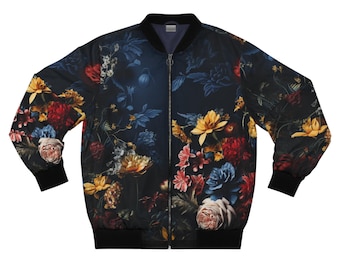 Bomberjack heren, hipster modieuze bovenkleding bloemenbehangprint, zakken met ritssluiting, elastische manchetten, opstaande kraag, unieke stijl, AOP