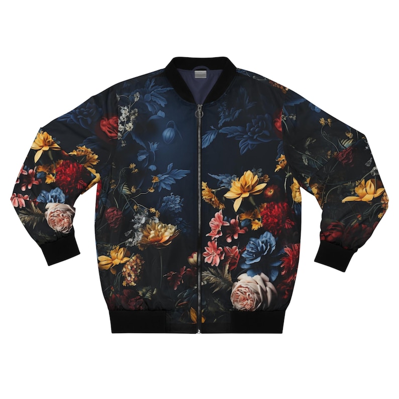 Men's Bomber Jacket, Floral Wallpaper Print Hipster Fashionable Outerwear, Zipper Pockets Elastic Cuffs, Stand-Up Collar, Unique Style, AOP image 1