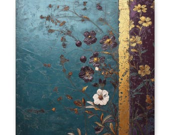 Canvaskunst, paars goud groenblauw bloemen botanisch schilderij, witte bloemen, cyaan muurdecor, decor thuiskantoor, Galerie wrap