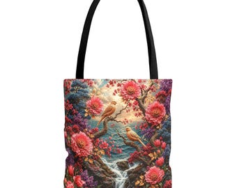 Romantische draagtas met bloemenvogel, Coastal Garden Market-tas, Pink Dahlia Nature Carryall, Cottagecore Ocean Art-schoudertas