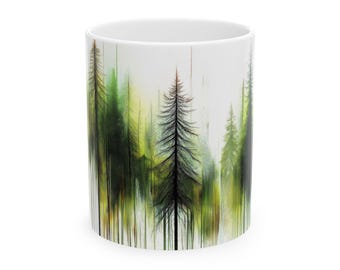 Keramische mok aquarel groenblijvende bomen, aardse abstracte natuur kunst koffiekopje, kunstenaar aquarel mok, moderne kunst boommok, creatieve natuur