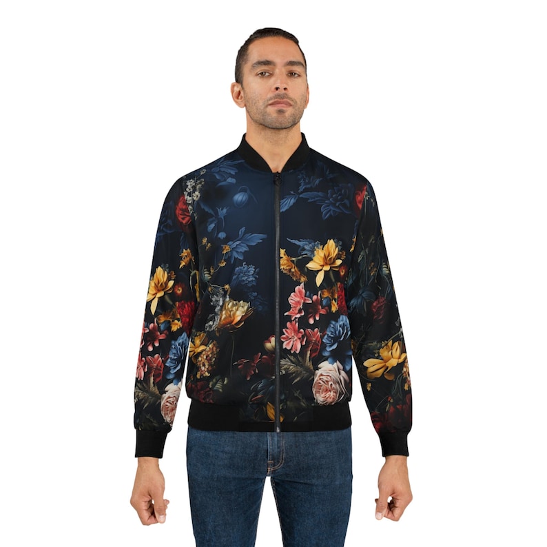 Men's Bomber Jacket, Floral Wallpaper Print Hipster Fashionable Outerwear, Zipper Pockets Elastic Cuffs, Stand-Up Collar, Unique Style, AOP image 3