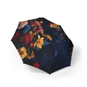 Moody Floral Umbrella Dark Botanical Wallpaper Print Navy Rose Peony Vintage Inspired Rain Accessory Romantic Gothic Travel Gift