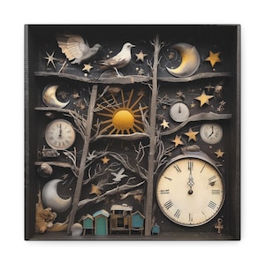 May include: A framed artwork featuring a dark background with various celestial and time-related elements. Includes clocks, moons, stars, birds, and a sun. The artwork has a vintage, whimsical aesthetic.
