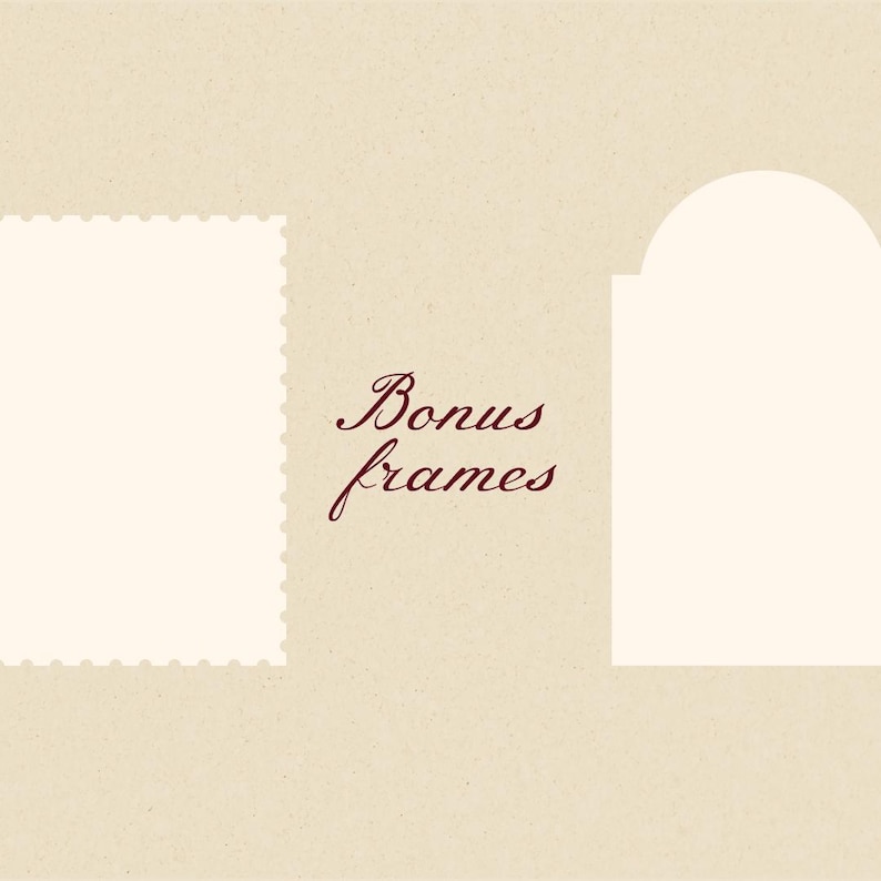 Pode incluir: Fundo bege com duas formas de moldura brancas e o texto "Bonus frames" em script bord&ocirc;. Uma moldura &eacute; retangular com borda recortada, a outra &eacute; arqueada.