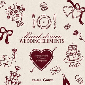 Könnte beinhalten: Eine Sammlung handgezeichneter Hochzeitselemente in Burgunderrot, darunter ein Blumenstrauß, ein Gedeck, Herzen, Ringe, Kuchen und Sektgläser. Der Text lautet "Hand-drawn WEDDING ELEMENTS" und "25 Illustrations 6 Frames 2 Templates Editable in Canva."
