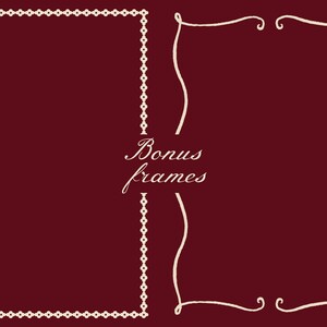 Pode incluir: Fundo bord&ocirc; com quatro designs de molduras decorativas. Duas molduras s&atilde;o compostas por uma s&eacute;rie de pequenas formas conectadas, enquanto as outras duas s&atilde;o linhas curvas com enfeites. O texto "Bonus frames" est&aacute; escrito em it&aacute;lico.