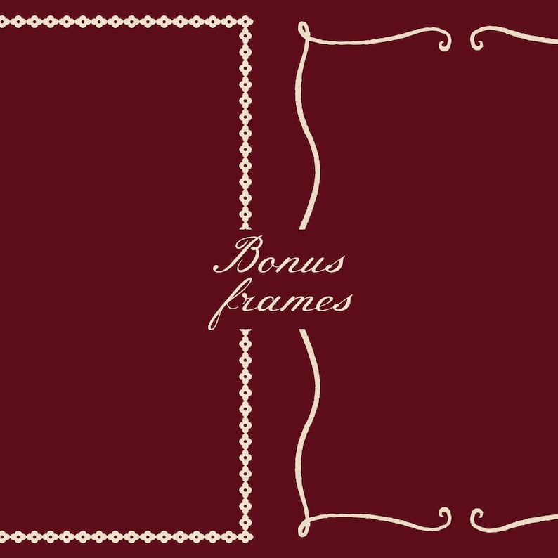 Pode incluir: Fundo bord&ocirc; com quatro designs de molduras decorativas. Duas molduras s&atilde;o compostas por uma s&eacute;rie de pequenas formas conectadas, enquanto as outras duas s&atilde;o linhas curvas com enfeites. O texto "Bonus frames" est&aacute; escrito em it&aacute;lico.